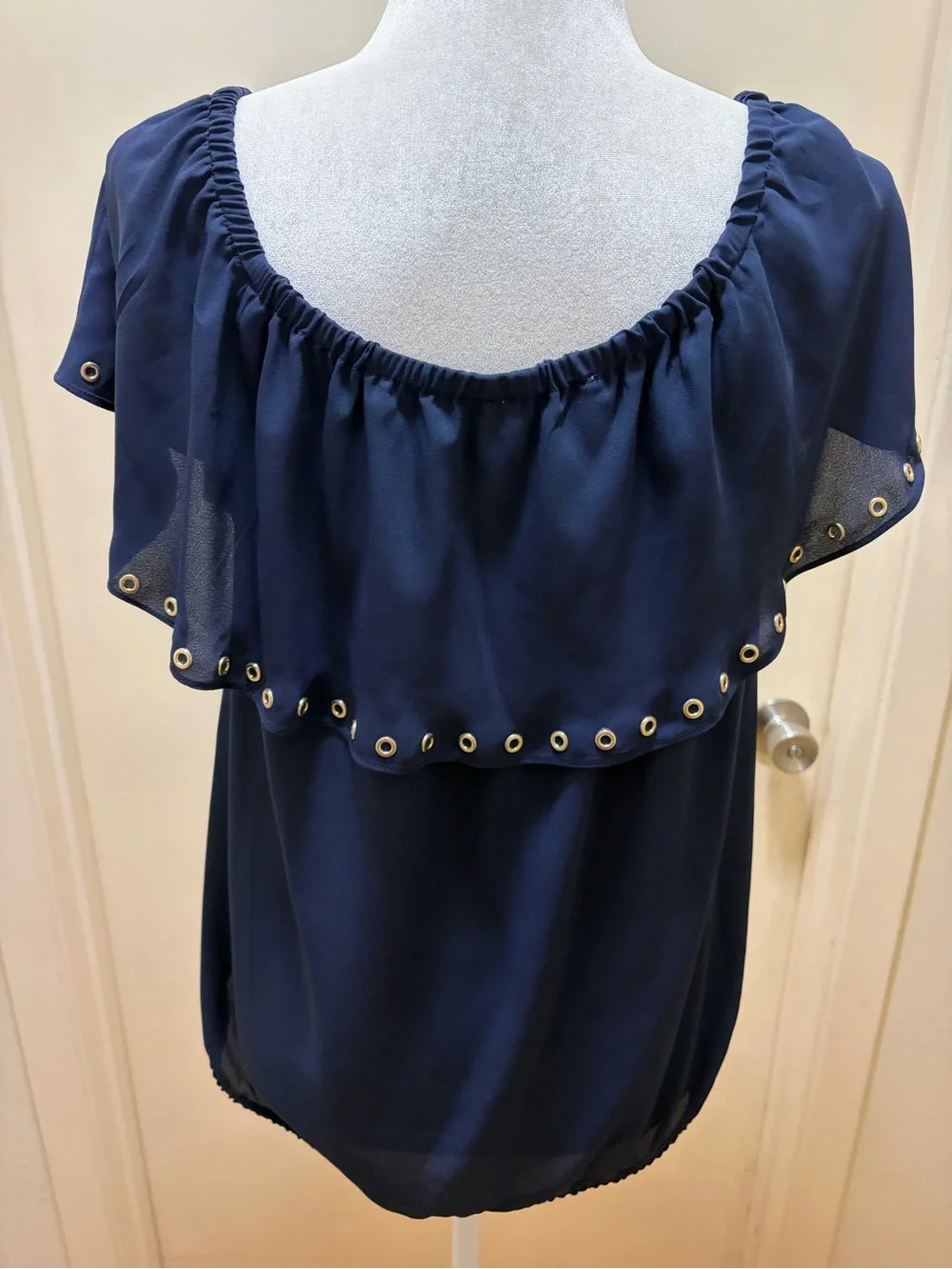 Michael Kors Navy Grommet-Trim Flutter Sleeve Blouse
